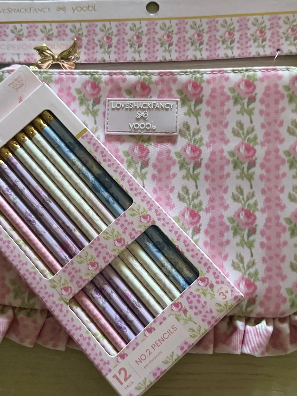 LoveShackFancy/ Target Pink Floral Pencil Case/ Cosmetics with Pastel Pencil Set